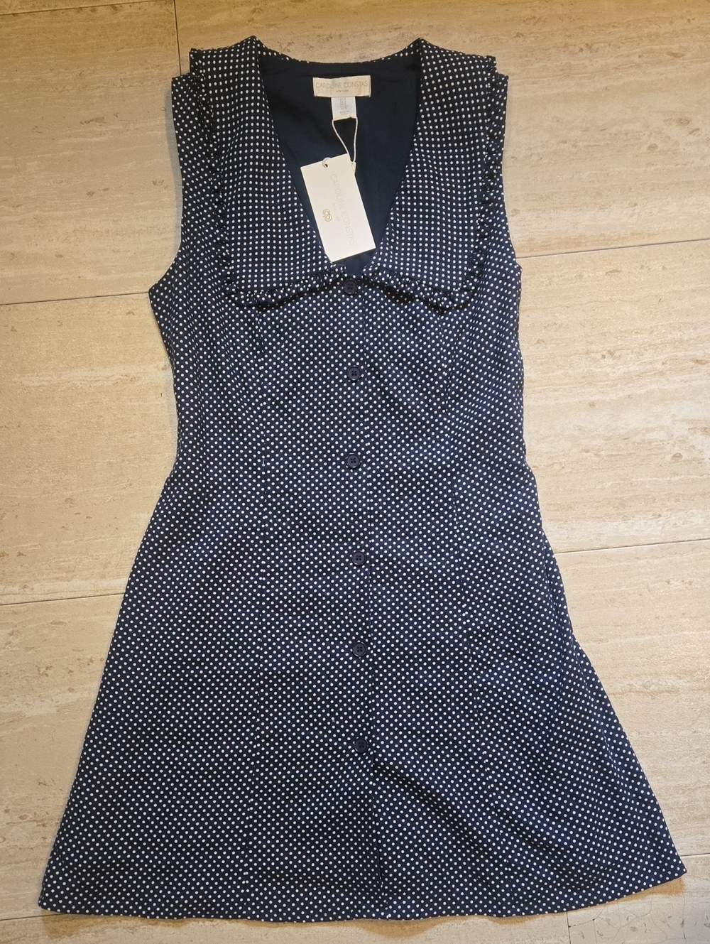 New Caroline Constas New York Navy/White Polka Dot Linen Blend Button Down Dress